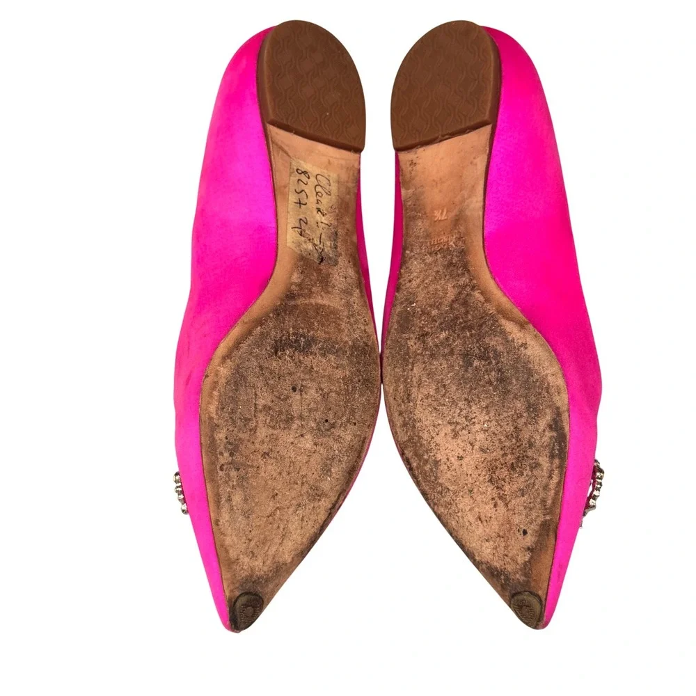 Size 7.5 - Badgley Mischka Davis Pink Satin Pointed Toe Crystal Brooch Flats